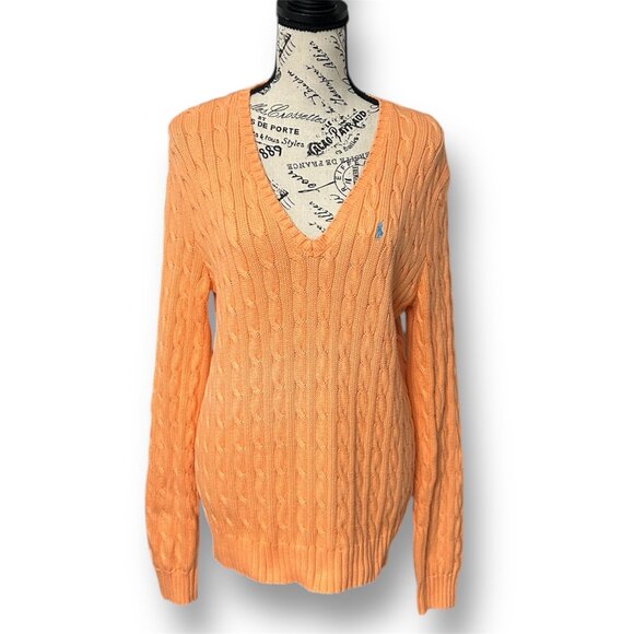Vintage Ralph Lauren Sport Orange Cable Knit V-Neck Sweater Preppy Coastal XL - Picture 1 of 8